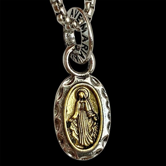 Virgin Mary Ave Maria Pendant Necklace Two Tone Silver Gold 24" Catholic Medal - Picture 1 of 11